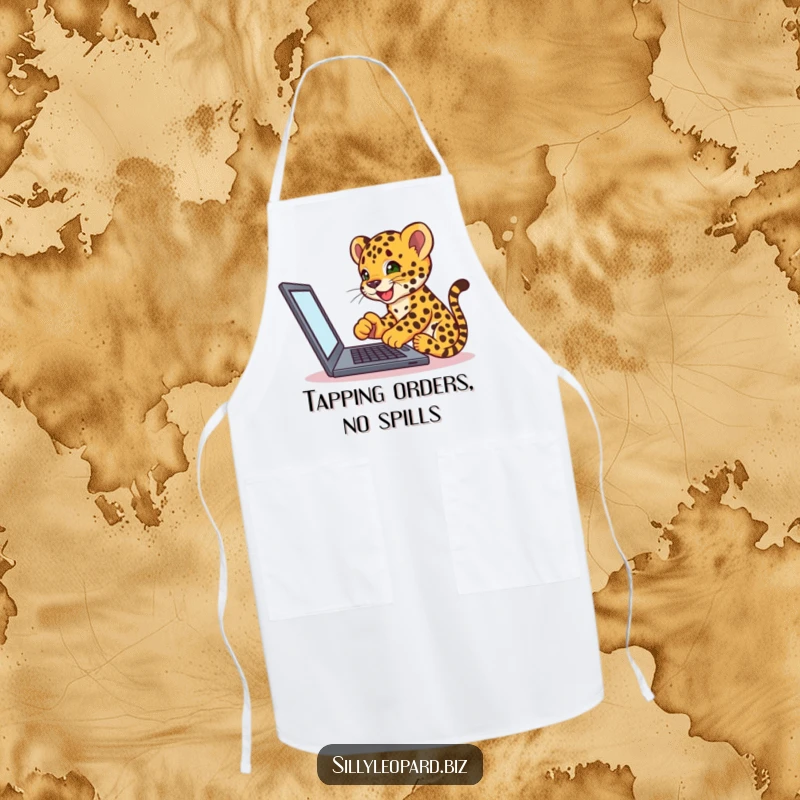 Funny apron featuring an excited leopard cub tapping on a laptop, bringing tech-inspired humor to kitchen duties.