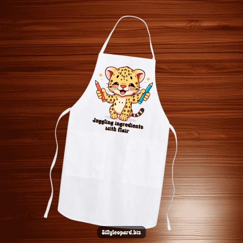 Funny apron designed with an enthusiastic leopard cub juggling three pens, ideal for kitchen fun and protecting clothes with humor.
