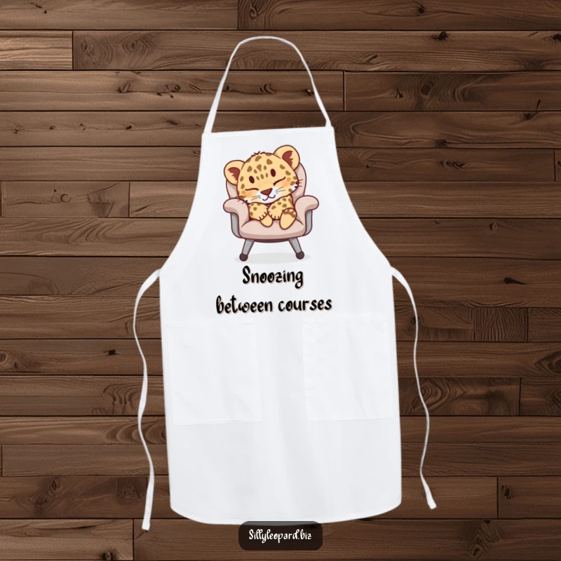 Funny apron featuring a resting leopard cub on an office chair, bringing a humorous and protective layer to kitchen activities.