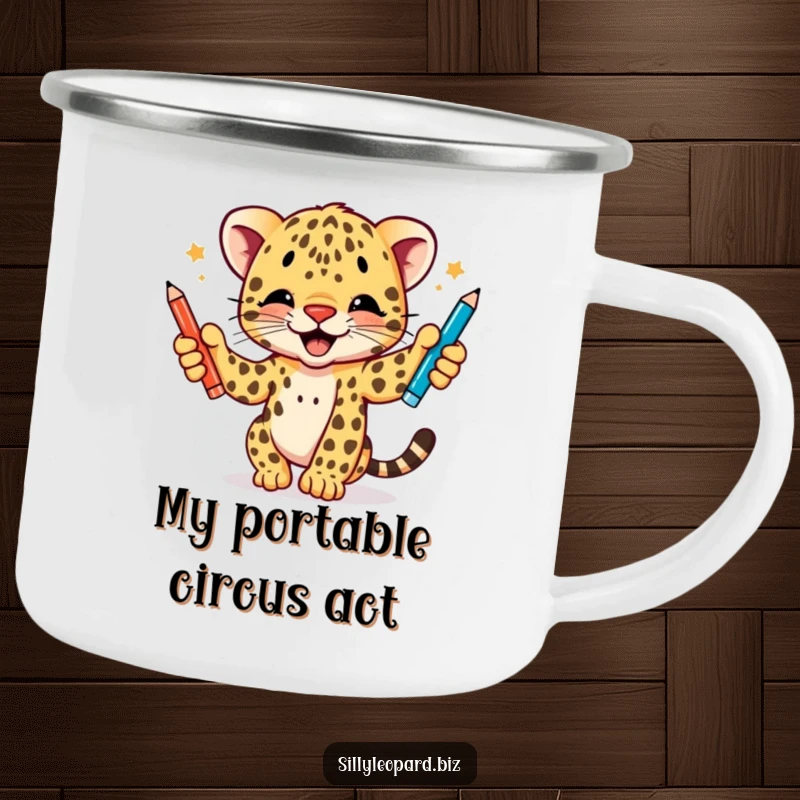 Funny camping mug showcasing an energetic leopard cub juggling three pens, perfect for outdoor enthusiasts who appreciate humor and durability.