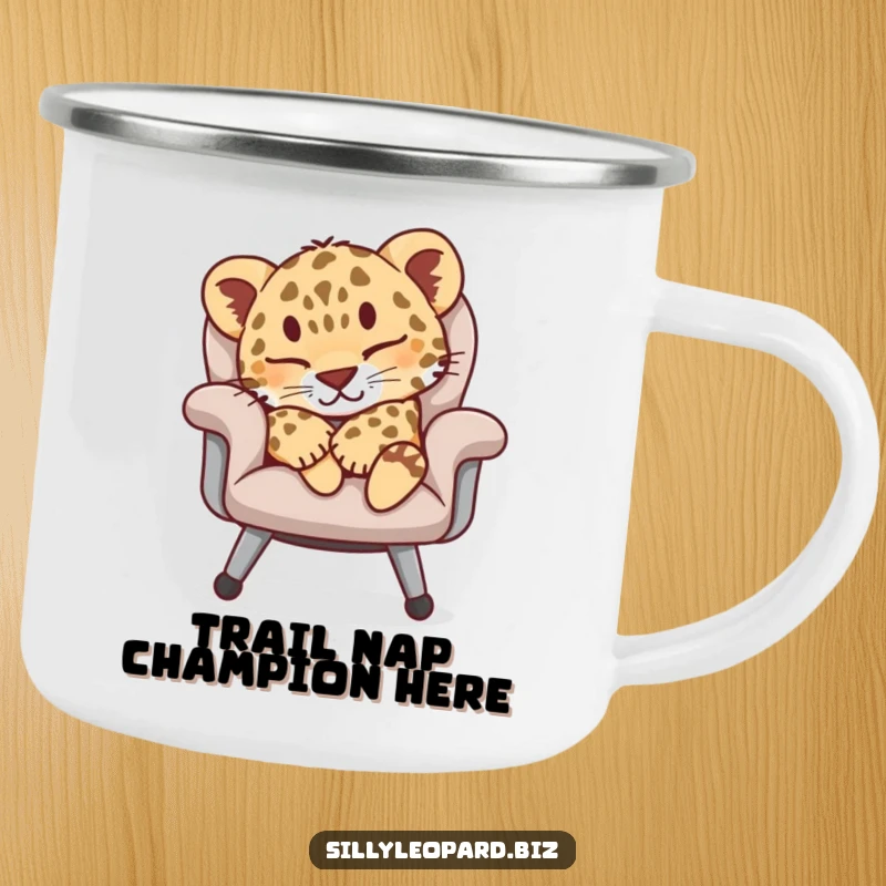 Funny camping mug featuring a sleeping leopard cub on an office chair, ideal for relaxed outdoor moments and humorous enjoyment.