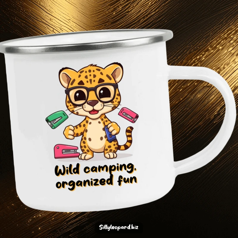 Funny camping mug with a stylized leopard in spectacles juggling office staplers, perfect for outdoor use and style.