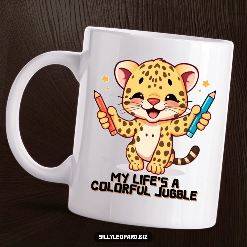 Funny mug featuring a cheerful leopard cub enthusiastically juggling three colorful pens, perfect for office humor and gift-givers.