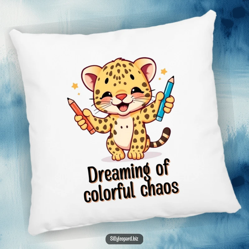 Funny pillow featuring a cute leopard cub joyfully juggling three pens, offering plush comfort and a dose of laughter for any room.