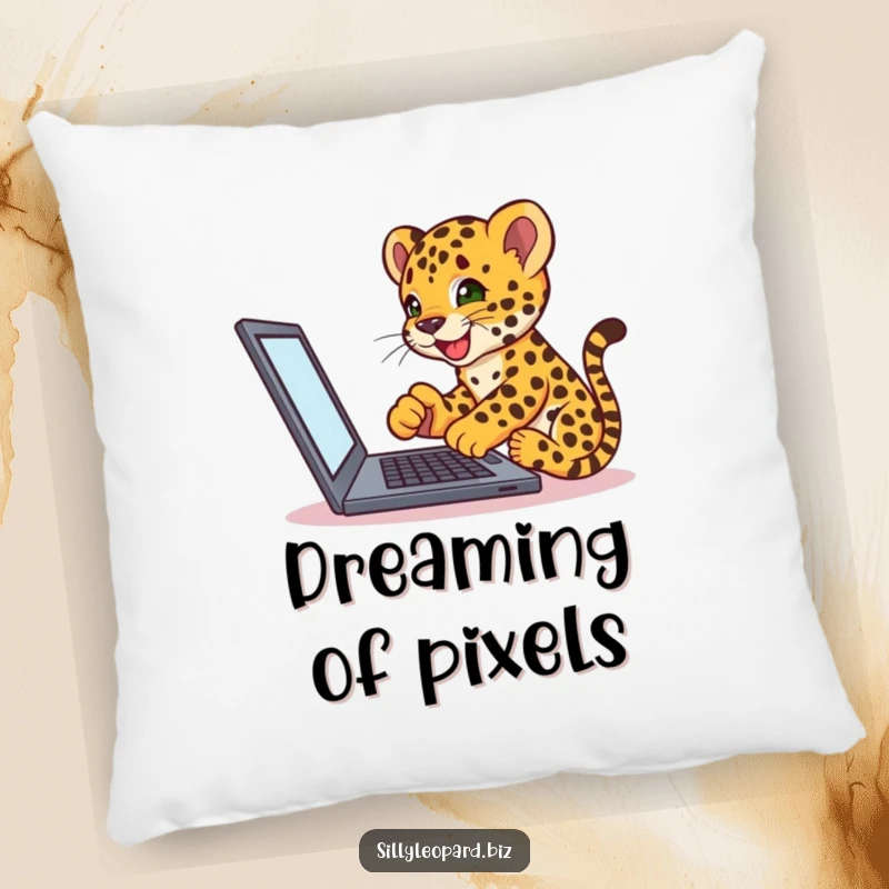 Funny pillow designed with an excited leopard cub interacting with a laptop, perfect for adding comfort and humor to any desk.