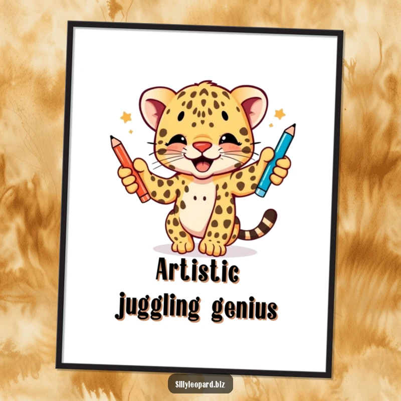 Funny digital art print of an eager leopard cub skillfully juggling three distinct colored pens, offering downloadable humor and artistic flair.