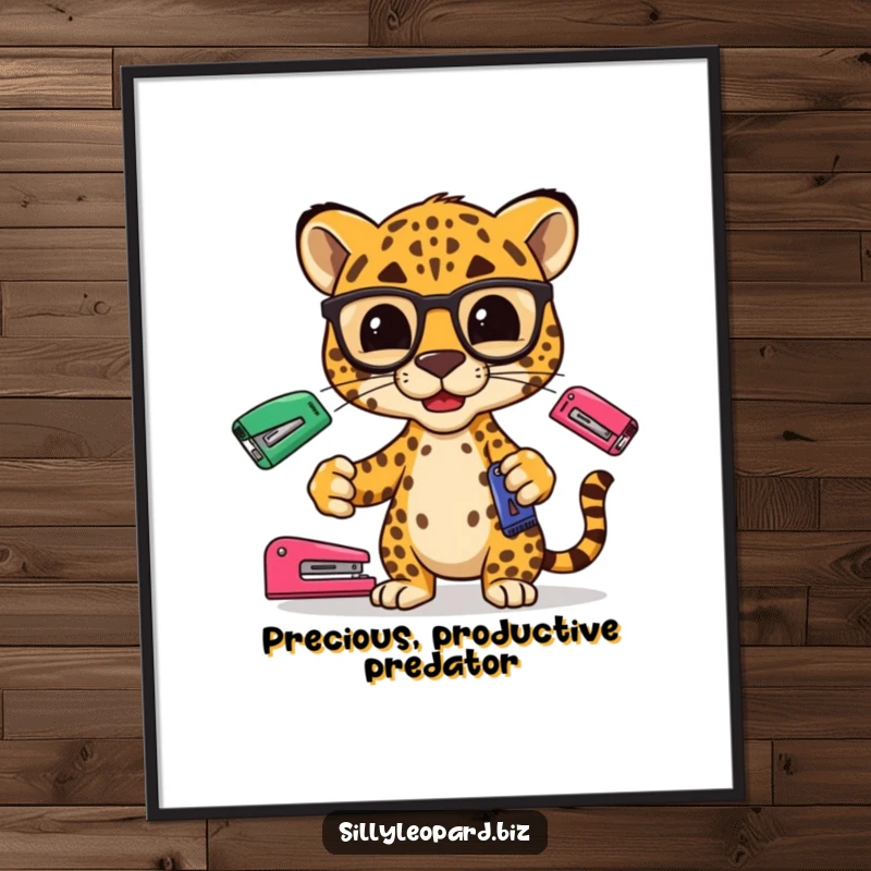Funny digital art print of a stylized leopard in spectacles juggling office staplers, for chic and humorous decor.