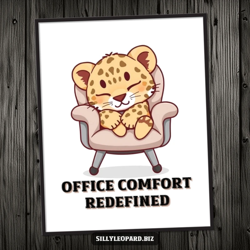 Funny digital art print of a contented leopard cub peacefully napping on a plush office chair, offering downloadable calm and humor.