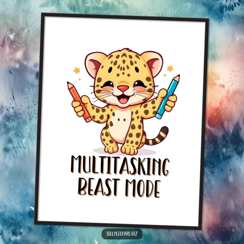 Funny poster showcasing a lively leopard cub with focused enthusiasm juggling three colorful pens, adding a humorous artistic touch to any wall.