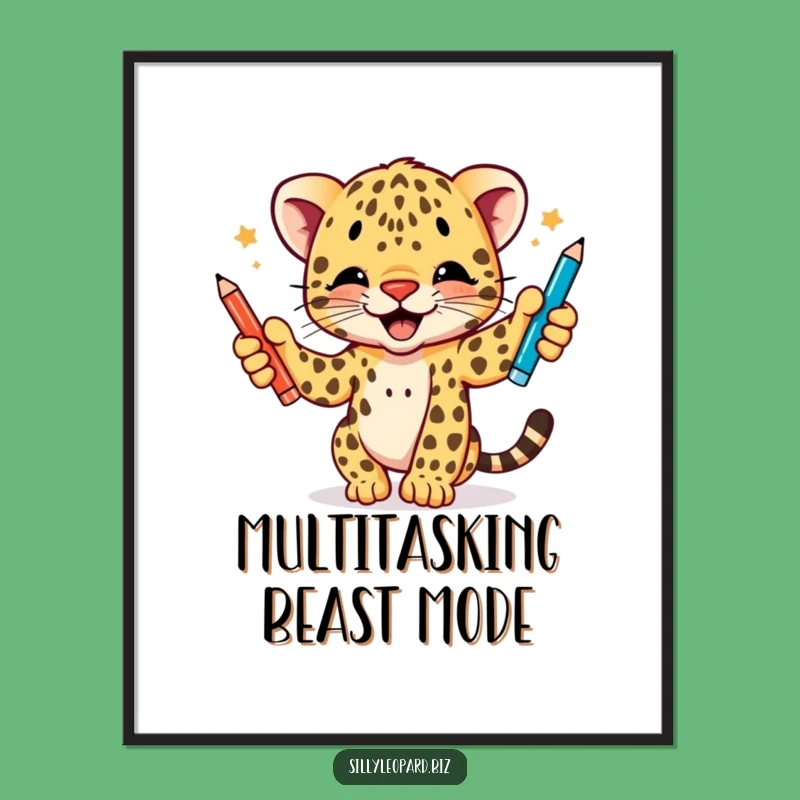 Funny Leopard Cub Poster - Enthusiastic Pen Juggling Art for Wall Decor Gift!
