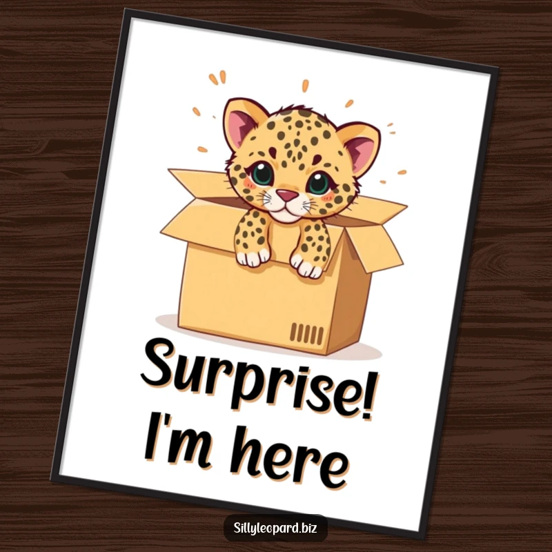 Funny poster art of a spotted leopard cub excitedly bursting from a large, opened office cardboard box, full of life.