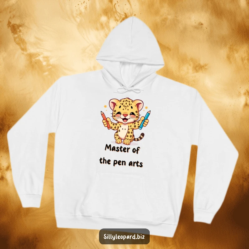 Funny hoodie featuring a dynamic leopard cub expertly juggling three colored pens with immense enthusiasm, a cozy and comical apparel item.