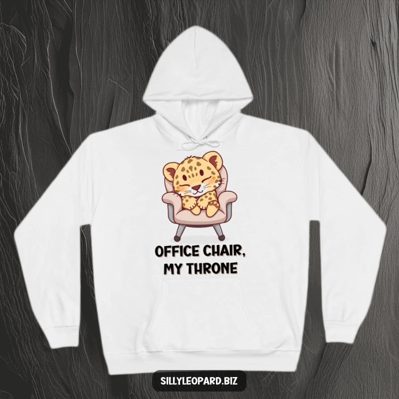 Funny hoodie featuring a peacefully sleeping leopard cub on a plush office chair, offering warmth and a humorous statement piece.