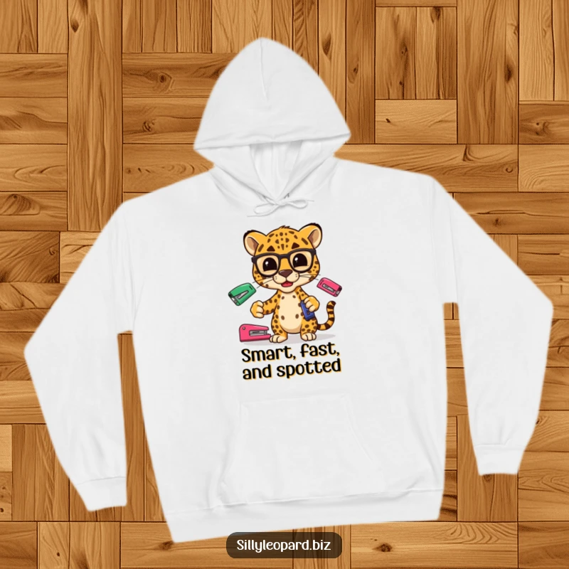 Funny hoodie featuring a stylized leopard in spectacles juggling colorful staplers, perfect for a cozy and humorous office vibe.