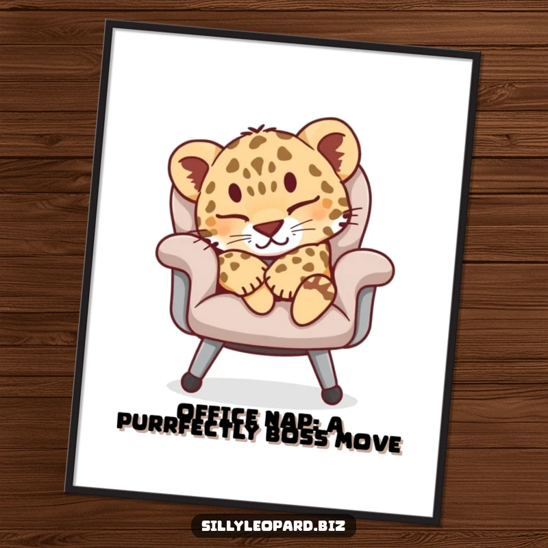 Funny Free Printable Wall Art showing a content leopard cub blissfully napping on a plush office chair, adding cozy humor.