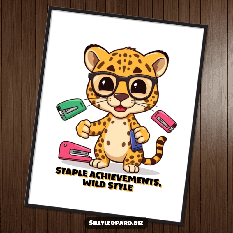 Funny Free Printable Wall Art: A leopard in spectacles juggling office staplers, creating a quirky and eye-catching piece.