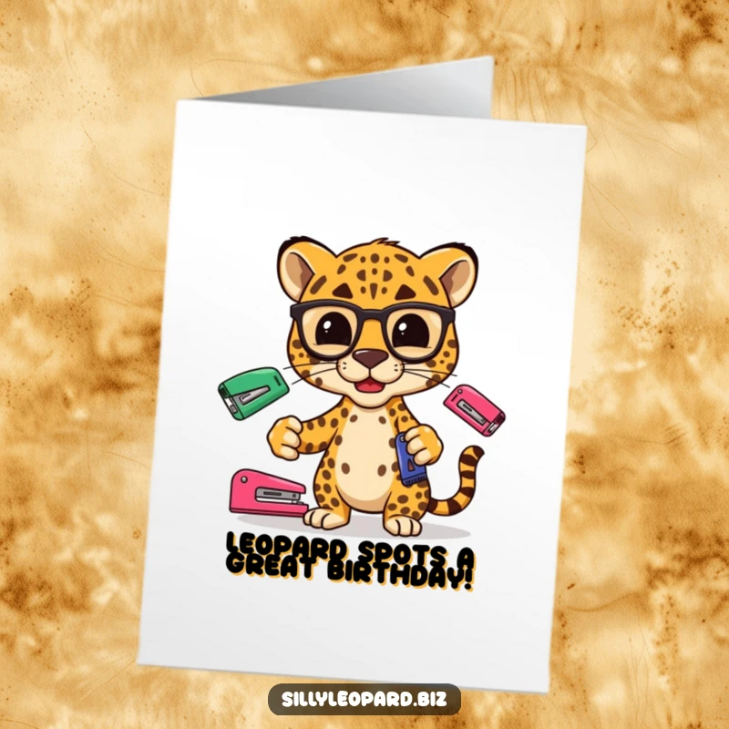 Funny Free Printable Birthday Card: Stylized leopard in spectacles skillfully juggling three colorful office staplers with a focused, amusing expression.