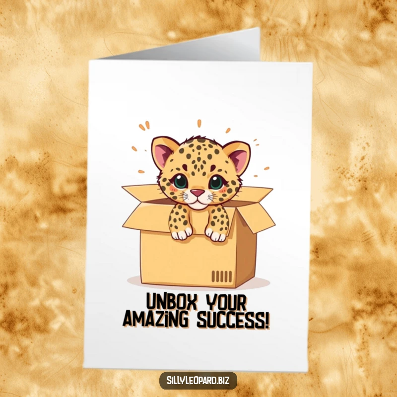 Funny Free Printable Congratulations Card: A playful leopard cub energetically bursts from an office box, symbolizing a successful breakthrough.