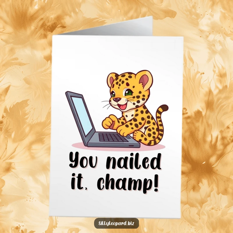 Funny Free Printable Congratulations Card with a leopard cub tapping enthusiastically on a laptop, celebrating digital accomplishments.