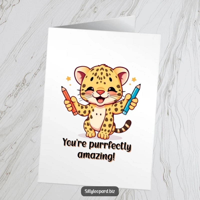 Funny Free Printable Congratulations Card showing a skillful leopard cub juggling pens, celebrating achievements with flair.