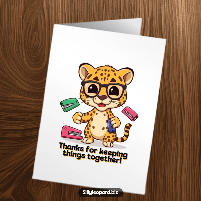 Funny Free Printable Thank You Card: A stylized leopard wearing spectacles juggles office staplers to humorously express thanks.