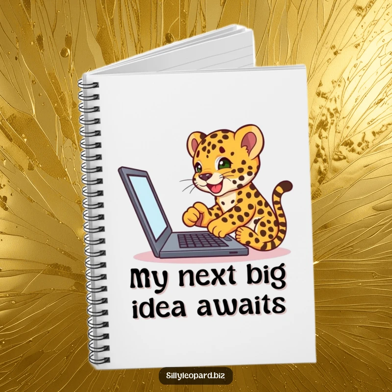 Funny notebook depicting an excited leopard cub tapping on a laptop screen, perfect for jotting down notes with a tech-humor theme.