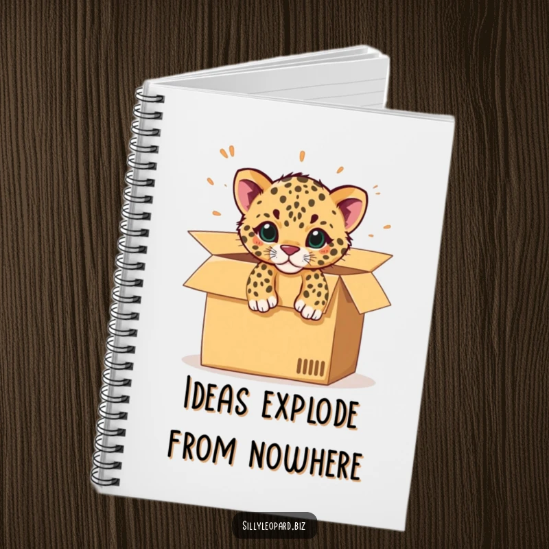 Funny notebook featuring a spotted leopard cub bursting from an office cardboard box, perfect for jotting down exciting ideas.