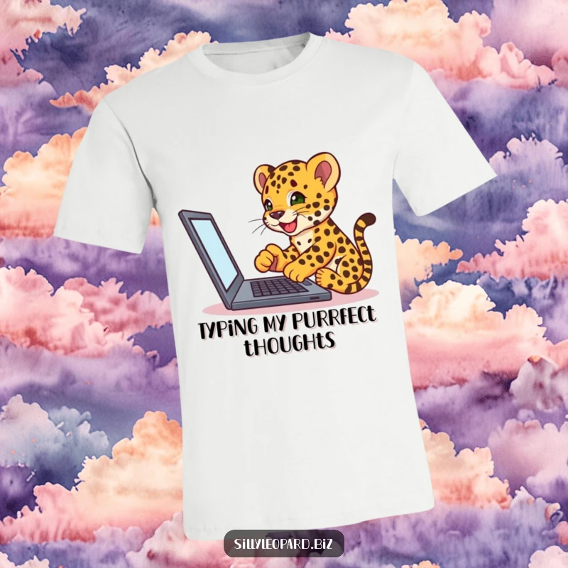 Funny t-shirt depicting an energetic leopard cub excitedly tapping on a laptop screen, perfect for tech lovers and humor seekers.