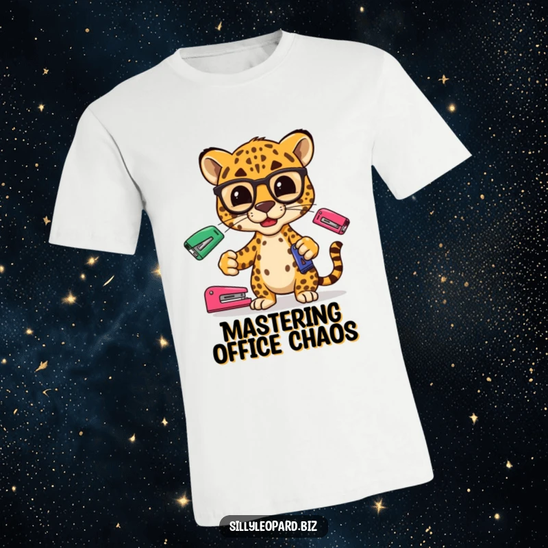 Funny t-shirt showing a stylized leopard wearing glasses, adeptly juggling office staplers, highlighting work multitasking skill.