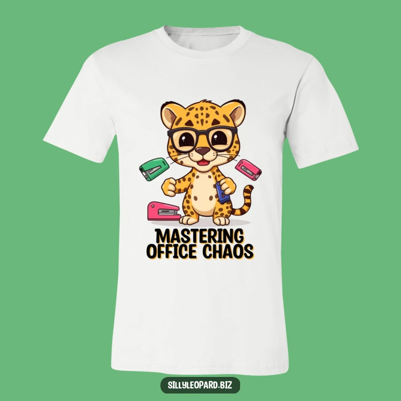 Funny Leopard T-Shirt: Spectacled Stapler Juggler Office Humor Tee