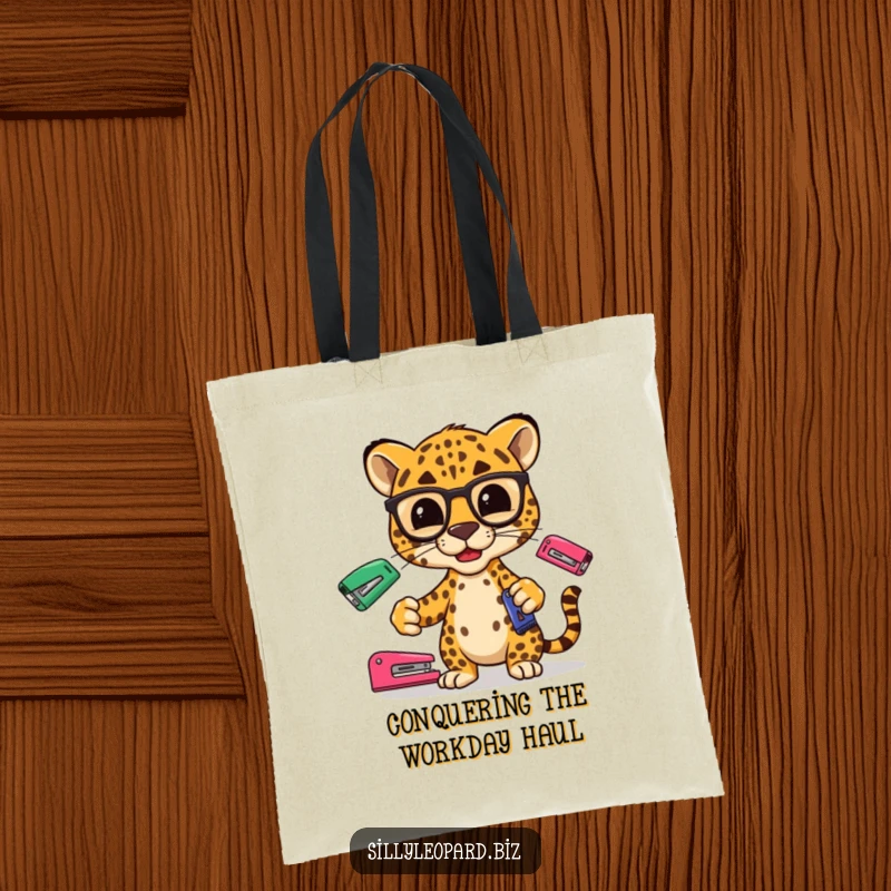 Funny tote bag with a stylized leopard wearing glasses, juggling office staplers, perfect for a chic and humorous look.
